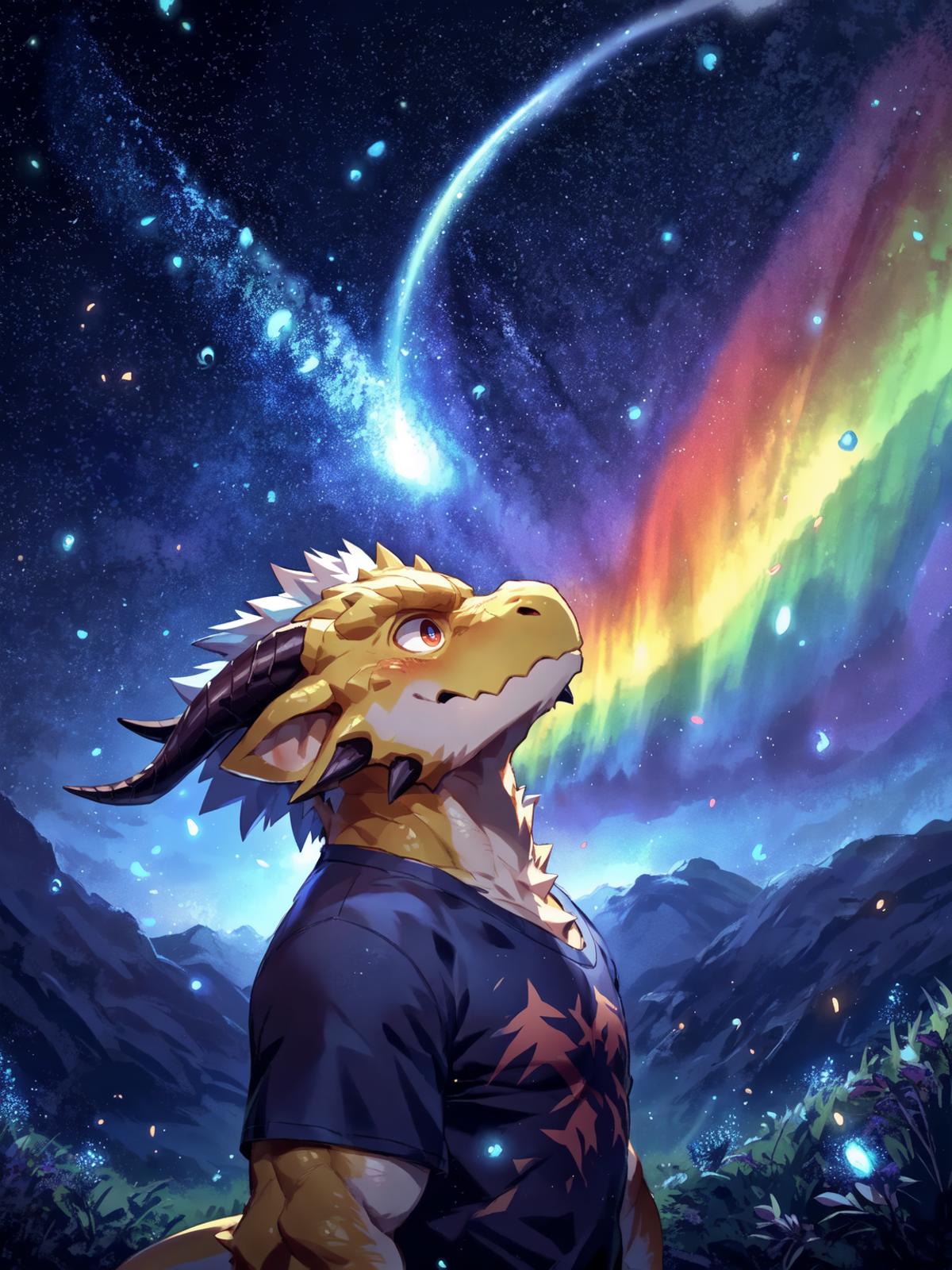 solo, male, mature male, (male anthro dragon:1.3), (yellow body:1.1), (standing:1.3), (kemono:1.2), (starry sky:1.23), t-s...